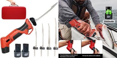 Cordless Fillet Knife: 4 TiN Blades, 2 Batteries, Safe Grip, Portable Case