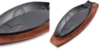 Fish-shaped cast iron sizzle platter for steaks and roti.
