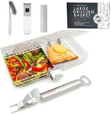 Stainless Steel Grill Basket Bundle with Detachable Handle, BBQ Tools
