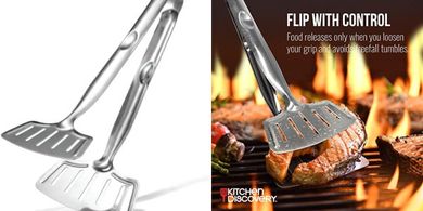 Grip-Right Stainless Steel Dual Spatulas & Tongs for Safe Food Handling
