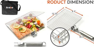 Large Stainless Steel Grill Basket with Lid & Removable Handle
