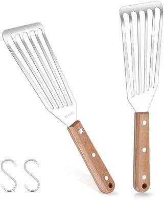 HaSteeL Stainless Steel Fish Spatula Set: 2 Slotted Turners with Wooden Handles
