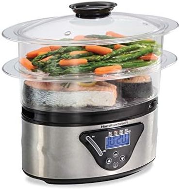 Hamilton Beach Digital Steamer & Rice Cooker: 5.5-quart, stackable, black/stainless steel.

