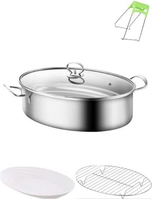 Large Oval Stainless Steel Steamer with Glass Lid for Fish & Chicken
