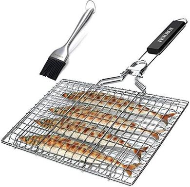 Portable Stainless Steel Fish & Veggie Grill Basket with Brush & Bag