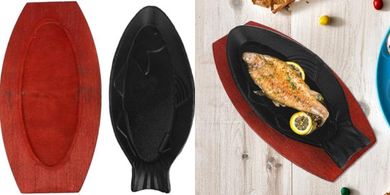 Oval Cast Iron Fish & Steak Sizzling Pan with Wooden Base
