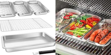 Stainless Steel Grill Basket Set: 6-piece, large grilling pans & rack